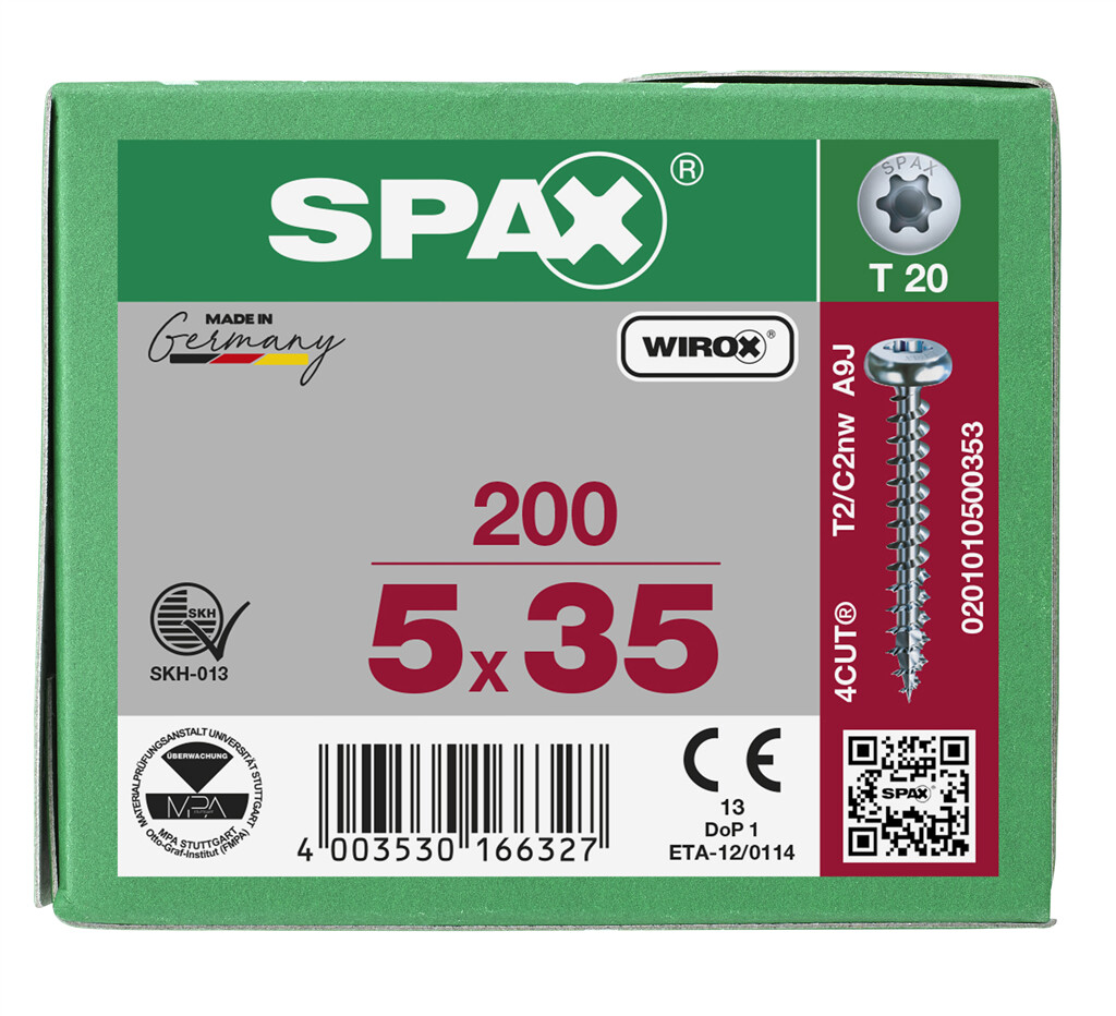 SPAX 5 x 35 Halbrundkopf Vollgewinde VE=200 Stk. WIROX T-STARplus 20  4CUT